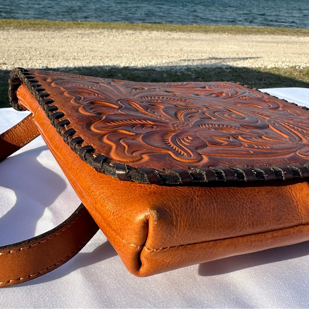 Tooled Leather Crossbody Bag - Tan - Picture 12 of 15